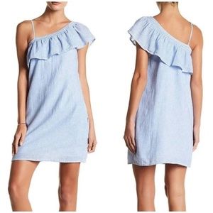 Beach Lunch Lounge Jessmina Stripe Ruffle Asymmetrical Linen-Blend Dress